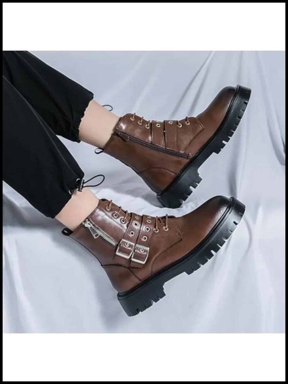 Men's Black Leather Platform Ankle Boots Lace up Side Zip Adjustable Buckle Lug